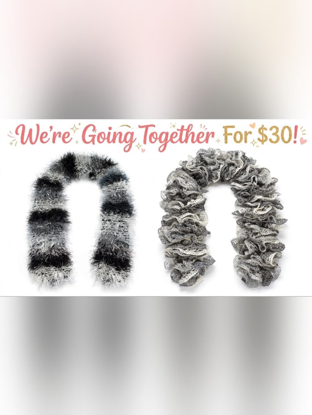 NEW Never Worn 2 Scarves Bundle Silver Sparkly+ Fuzzy Striped